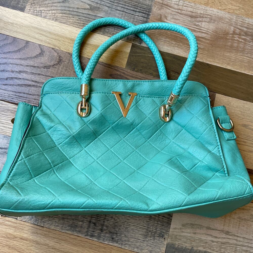 Kate Hill Turquoise Quilted Satchel Shoulder Bag Faux Leather Purse